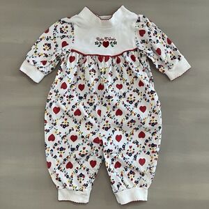 Vintage 90s Baby B'Gosh Girl One Piece Romper Hearts Floral White Red 3-6M